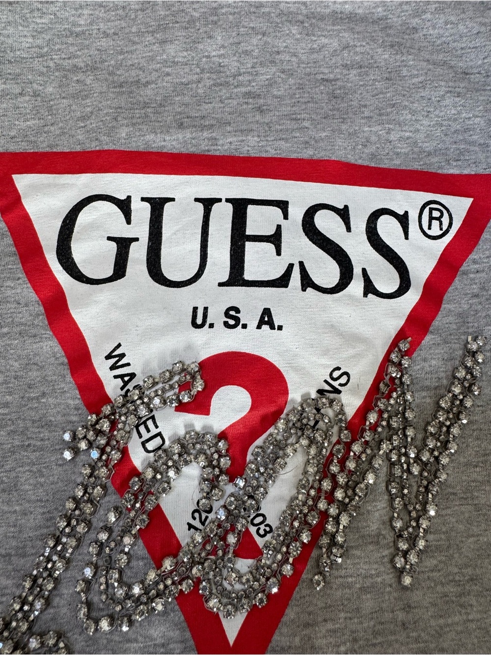 GUESS Gray Tee with Red Triangle Logo and Rhinestone Script - Picture 3 of 7